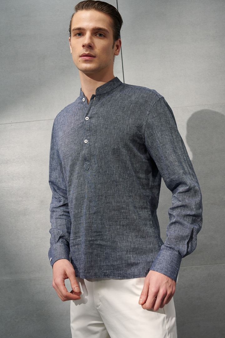 SST&C #Texture Cotton and Linen  Navy Blue Stand-Up Collar Shirt | 0312204010  (Outlet)_1