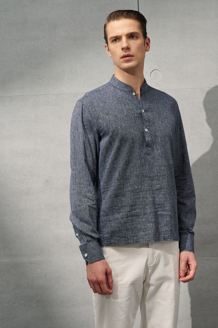 SST&C #Texture Cotton and Linen  Navy Blue Stand-Up Collar Shirt | 0312204010  (Outlet)_2