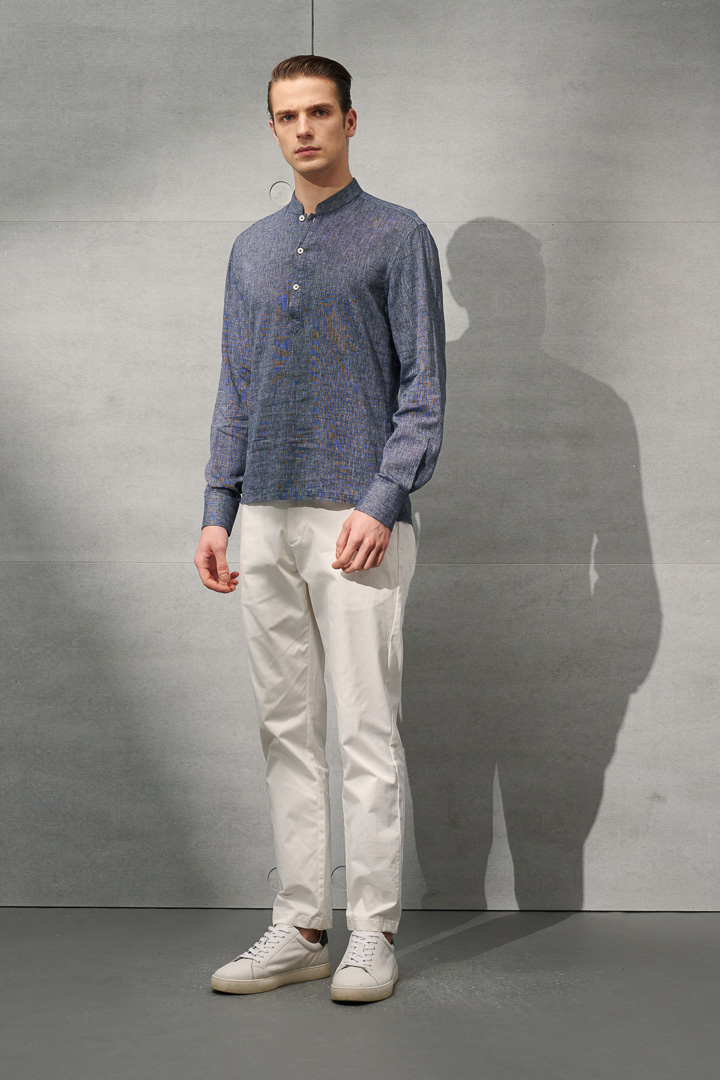 SST&C #Texture Cotton and Linen  Navy Blue Stand-Up Collar Shirt | 0312204010  (Outlet)_3