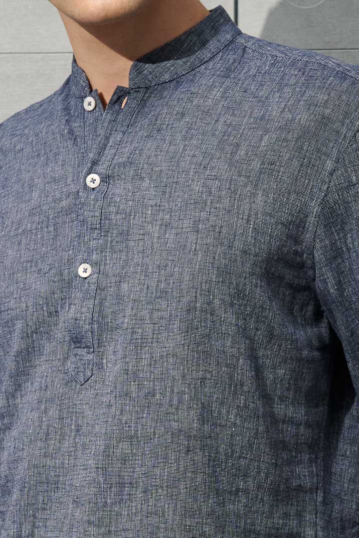 SST&C #Texture Cotton and Linen  Navy Blue Stand-Up Collar Shirt | 0312204010  (Outlet)_5