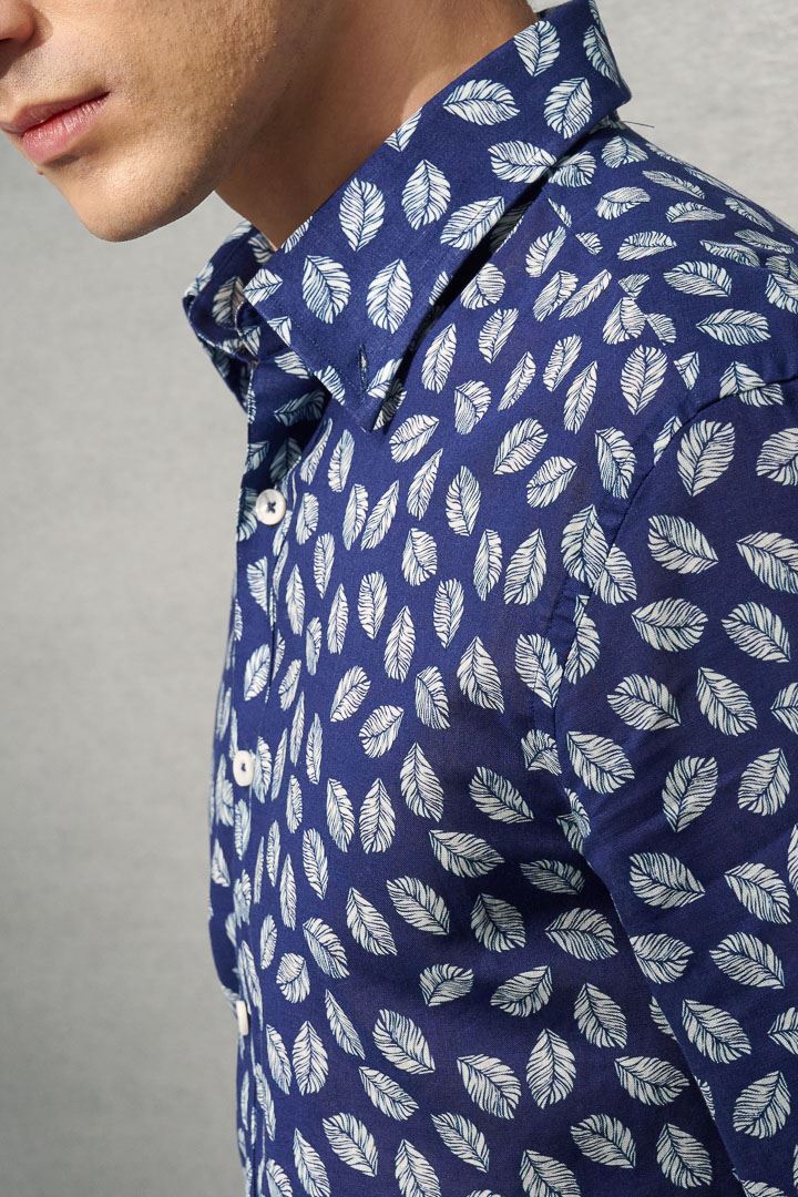SST&C #Texture Cotton and Linen  White Leaf Dark Blue Cotton and Linen Shirt | 0312204012  (Outlet)_0