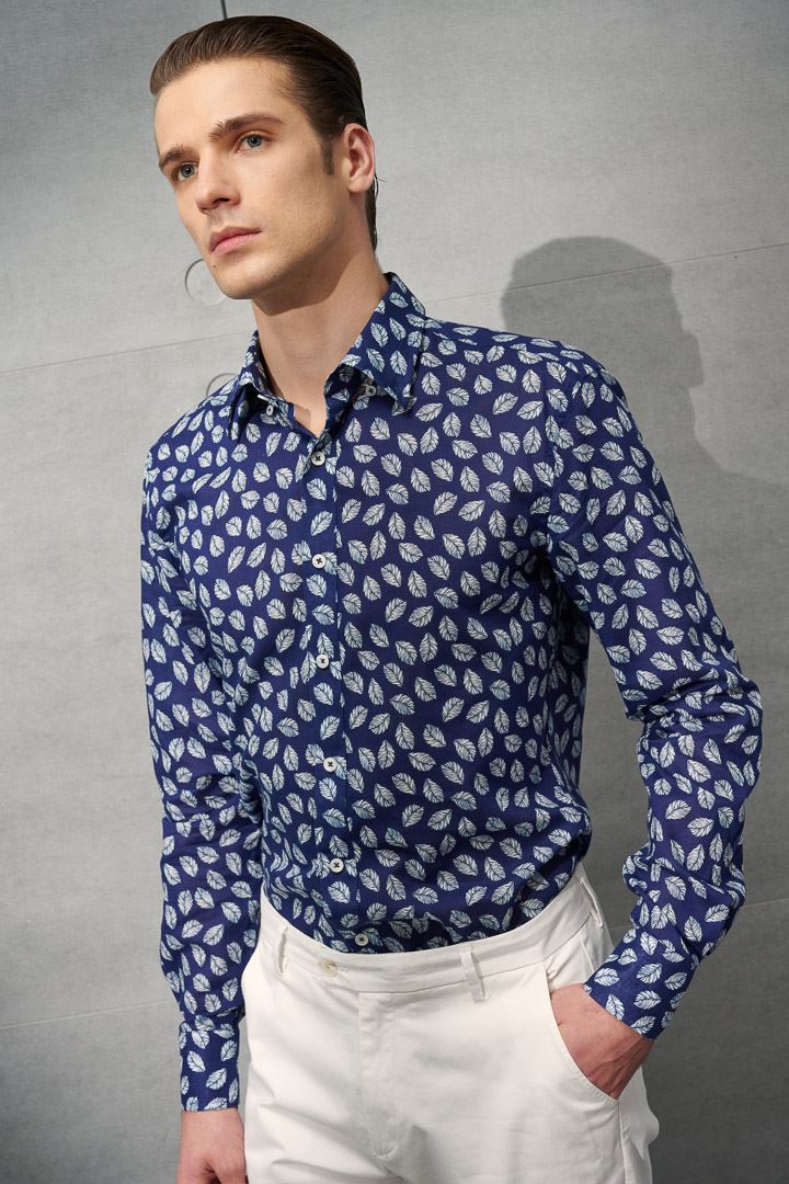 SST&C #Texture Cotton and Linen  White Leaf Dark Blue Cotton and Linen Shirt | 0312204012  (Outlet)_1