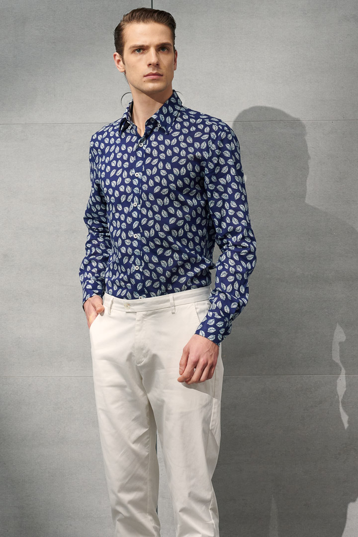 SST&C #Texture Cotton and Linen  White Leaf Dark Blue Cotton and Linen Shirt | 0312204012  (Outlet)_3