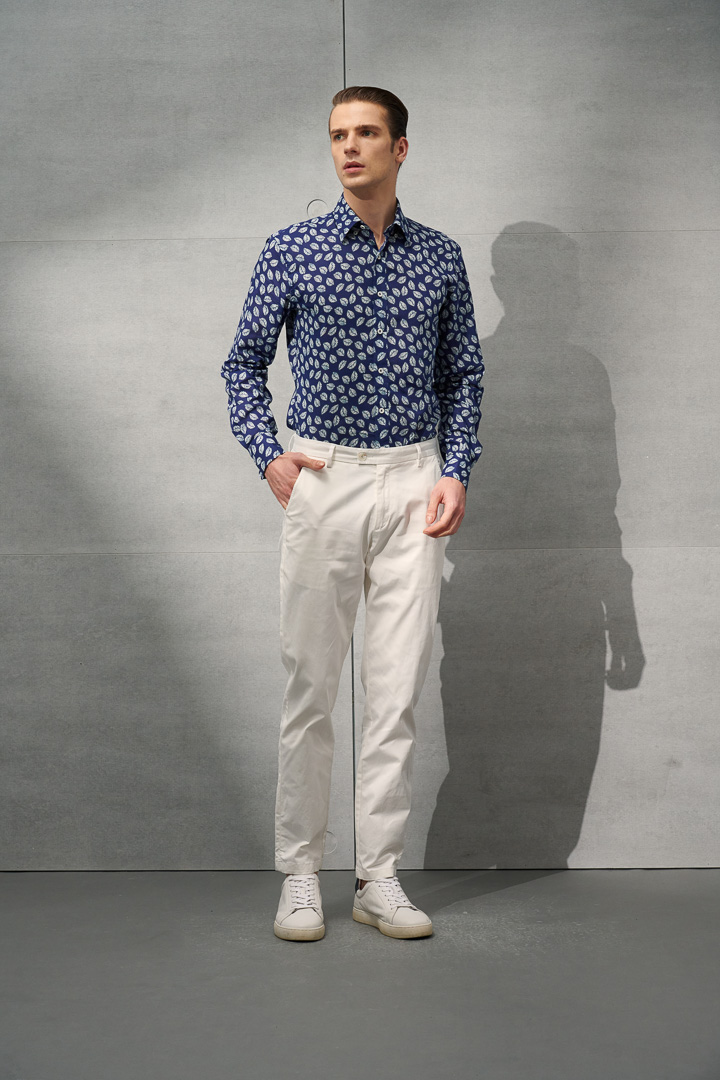 SST&C #Texture Cotton and Linen  White Leaf Dark Blue Cotton and Linen Shirt | 0312204012  (Outlet)_4