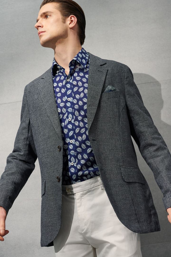 SST&C #Texture Cotton and Linen  White Leaf Dark Blue Cotton and Linen Shirt | 0312204012  (Outlet)_6