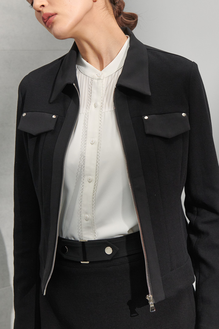 SST&C #Online Exclusive  Women'S Black Spliced ​​Zip Short Jacket | 8162204002  (Outlet)_3