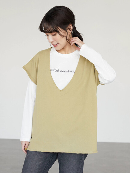【SET ITEM】抓絨V領背心+字母標誌T恤上衣(6P21L1C1800) - Green Parks