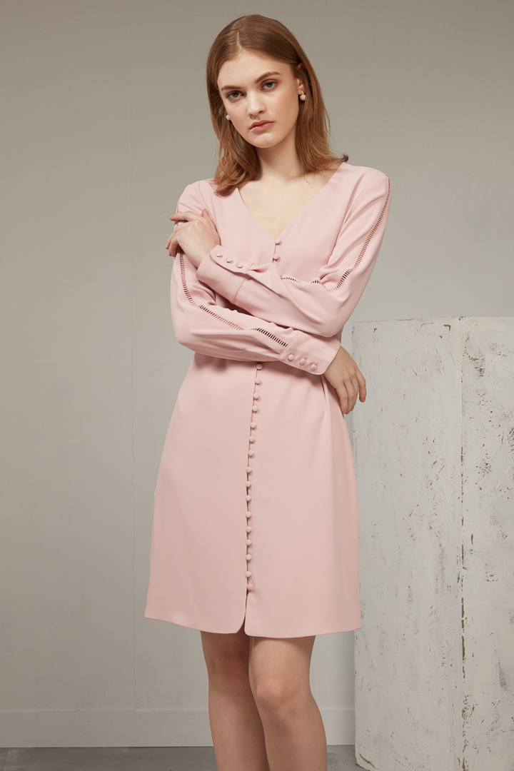 SST&C #Online Exclusive  Rose Pink V-Neck Long-Sleeved Short Dress | 8562003002  (Outlet)_0