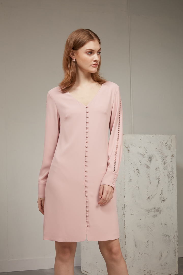 SST&C #Online Exclusive  Rose Pink V-Neck Long-Sleeved Short Dress | 8562003002  (Outlet)_1