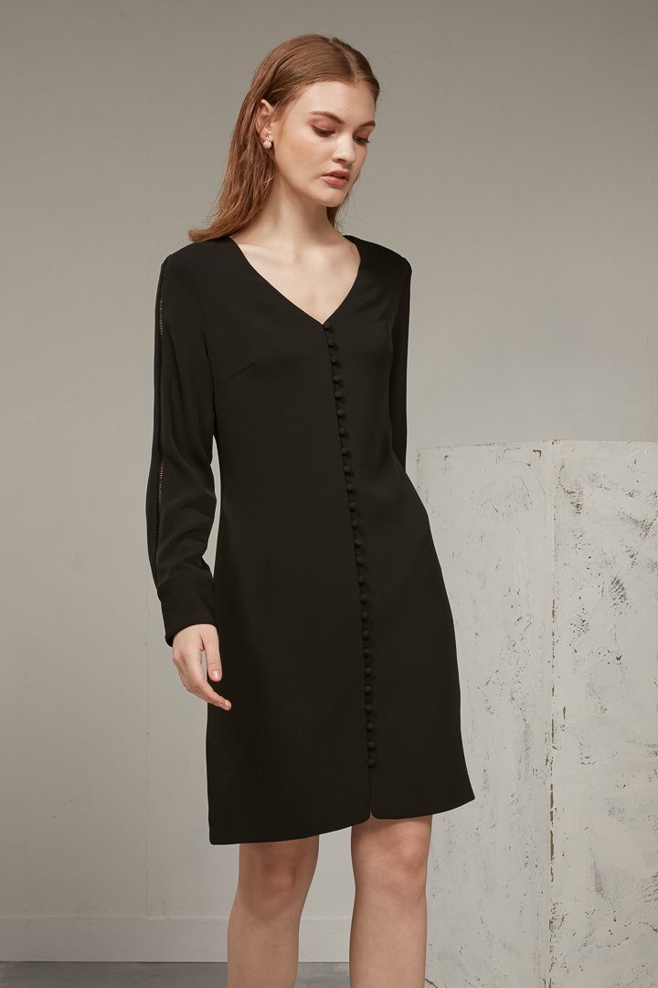 SST&C #Online Exclusive  Textured Black V-Neck Long-Sleeved Short Dress | 8562003004  (Outlet)_2