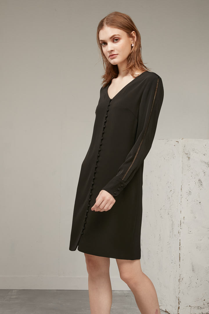 SST&C #Online Exclusive  Textured Black V-Neck Long-Sleeved Short Dress | 8562003004  (Outlet)_3