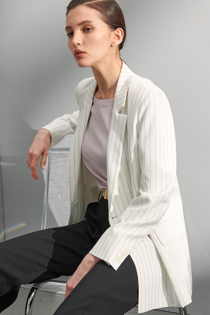 SST&C #Online Exclusive  White Striped Pattern Double Breasted Casual Women'S Suit Jacket | 8162204008  (Outlet)_0