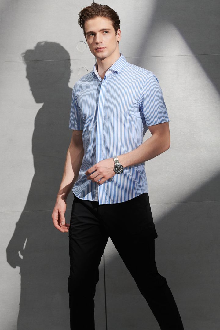 SST&C Blue and White Striped Pattern Slim Fit Short-Sleeved Shirt | 0412204008  (Outlet)_0