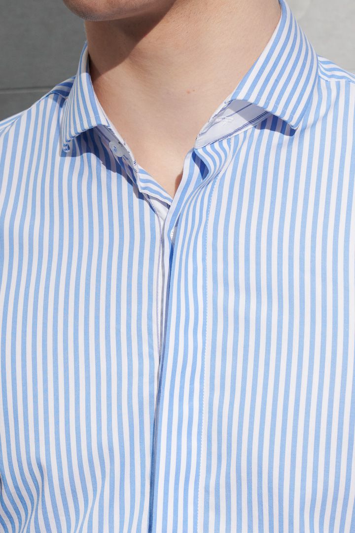 SST&C Blue and White Striped Pattern Slim Fit Short-Sleeved Shirt | 0412204008  (Outlet)_1