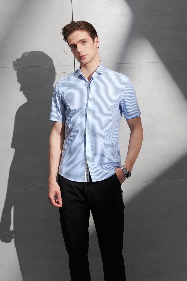 SST&C Blue and White Striped Pattern Slim Fit Short-Sleeved Shirt | 0412204008  (Outlet)_2