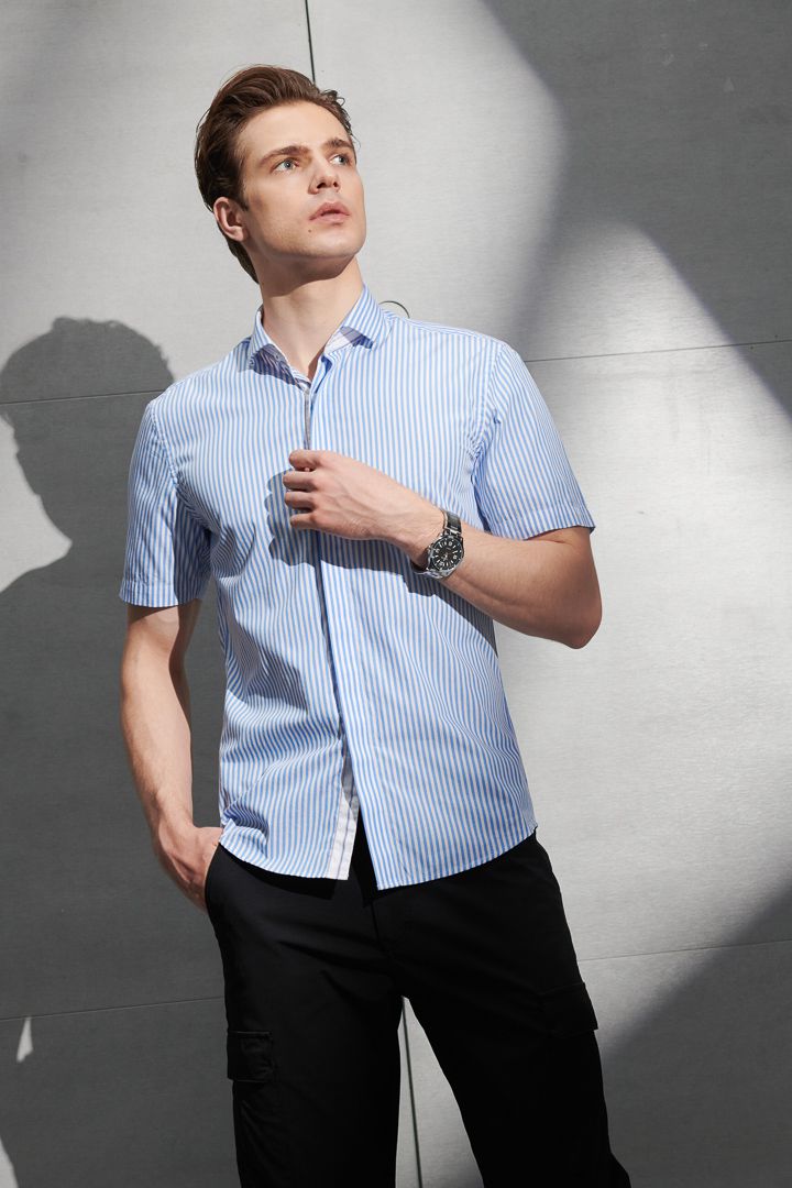 SST&C Blue and White Striped Pattern Slim Fit Short-Sleeved Shirt | 0412204008  (Outlet)_3