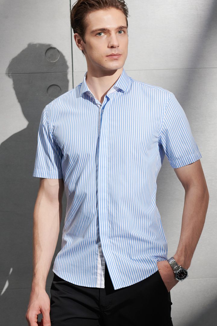 SST&C Blue and White Striped Pattern Slim Fit Short-Sleeved Shirt | 0412204008  (Outlet)_4