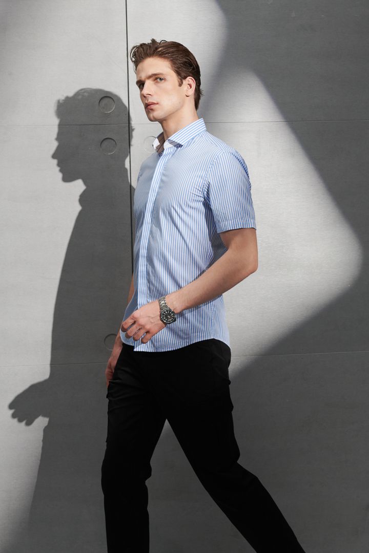 SST&C Blue and White Striped Pattern Slim Fit Short-Sleeved Shirt | 0412204008  (Outlet)_6