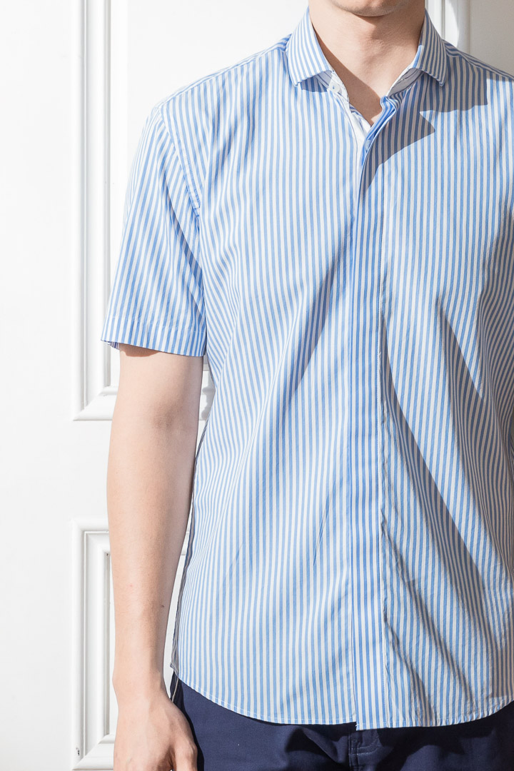 SST&C Blue and White Striped Pattern Slim Fit Short-Sleeved Shirt | 0412204008  (Outlet)_8