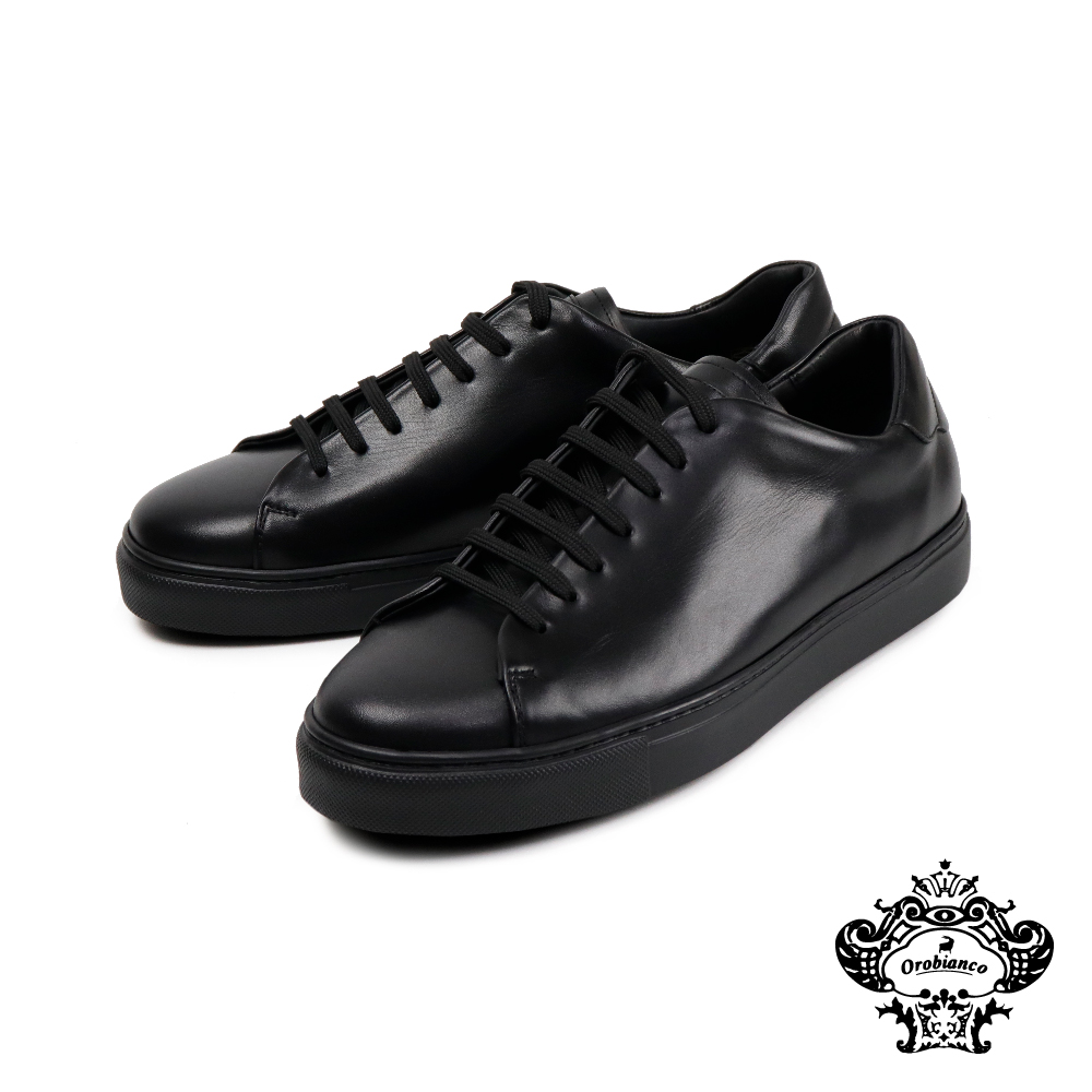 【Orobianco】全皮面綁帶平底休閒鞋 黑色(O58253-BL)