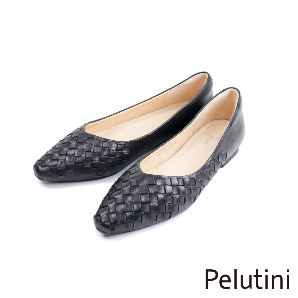 【Pelutini】菱格紋編織造型平底鞋 黑色(8758W-BL)