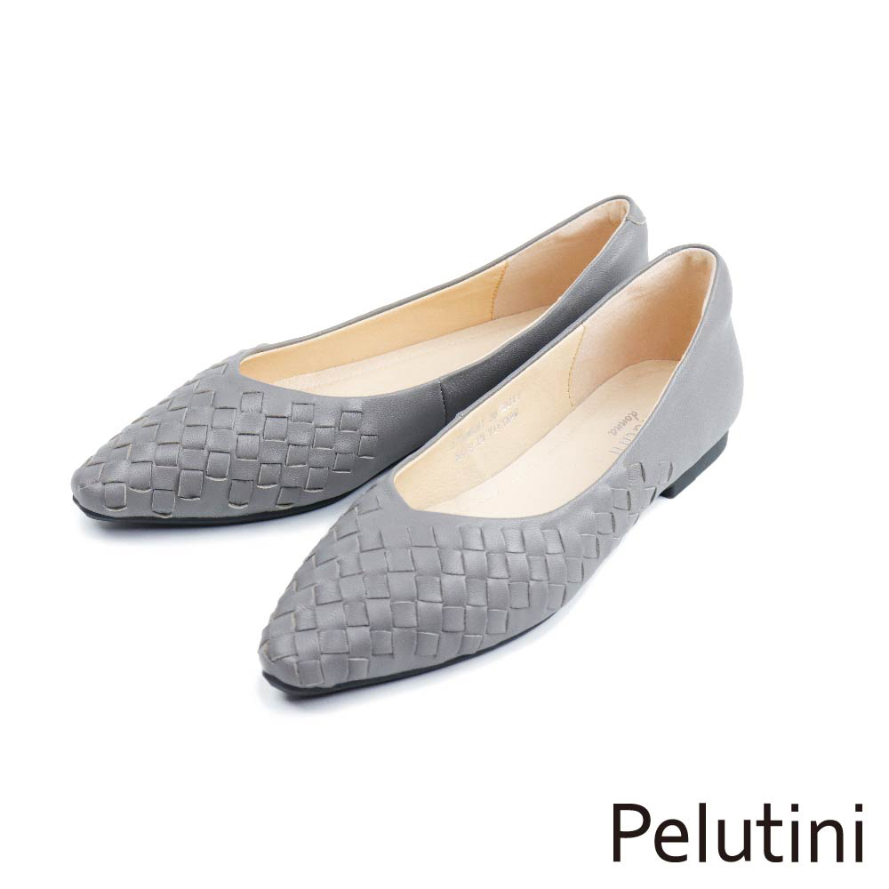 【Pelutini】菱格紋編織造型平底鞋 灰色(8758W-GRY)
