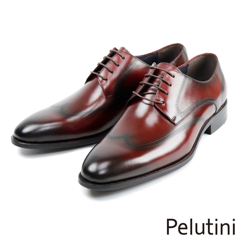 【Pelutini】翼紋細孔雕花雅致德比鞋 酒紅色(8742-WIN)