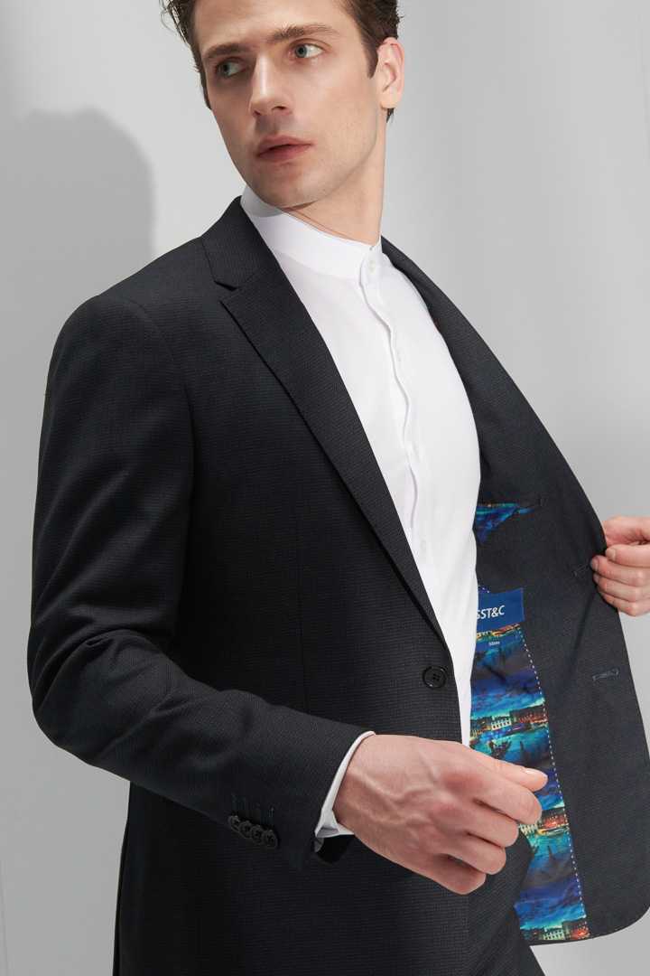 SST&C Navy Textured Slim Fit Suit Jacket | 0112205002  (Outlet)_3