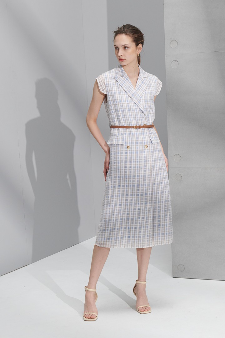 SST&C #Online Exclusive  Women'S Light Khaki Check Pattern Suit Collar Cardigan Long Dress | 8562205001  (Outlet)_0
