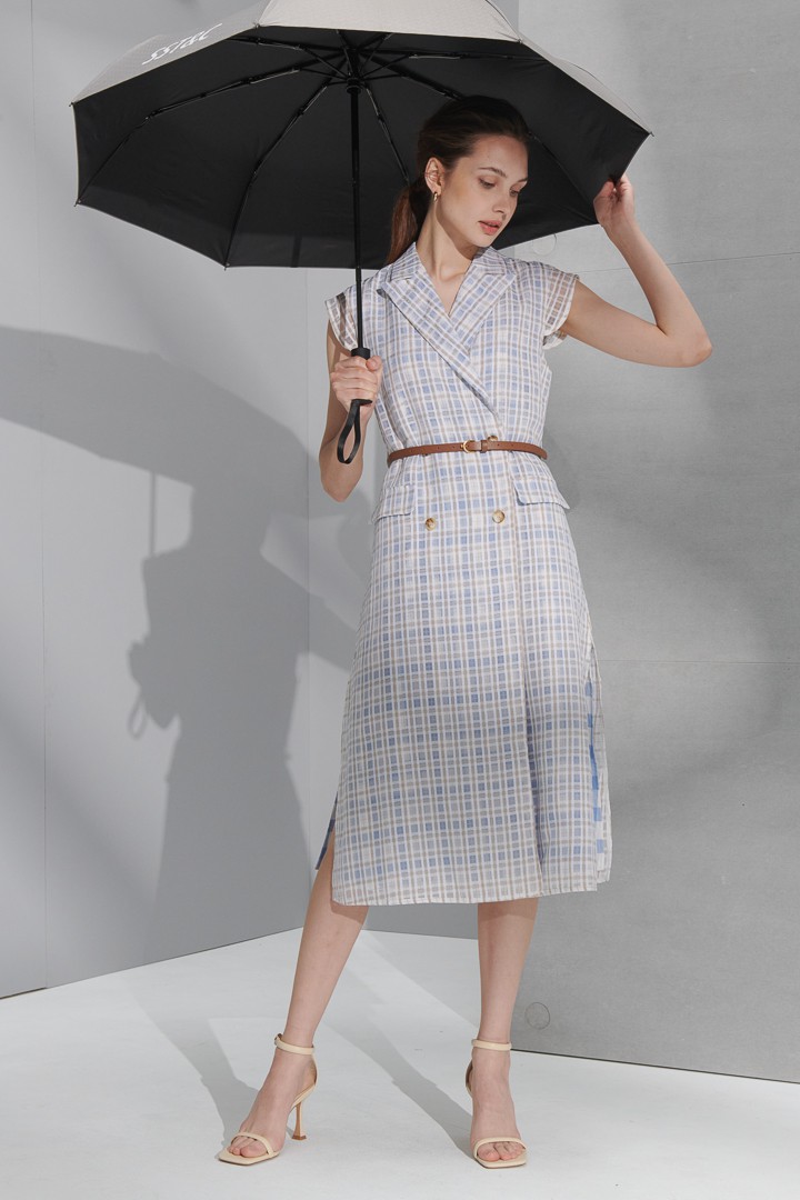 SST&C #Online Exclusive  Women'S Light Khaki Check Pattern Suit Collar Cardigan Long Dress | 8562205001  (Outlet)_1