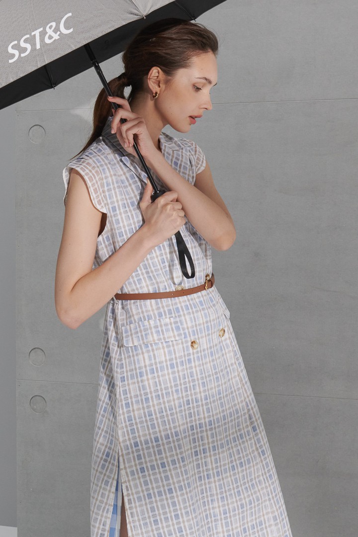 SST&C #Online Exclusive  Women'S Light Khaki Check Pattern Suit Collar Cardigan Long Dress | 8562205001  (Outlet)_2