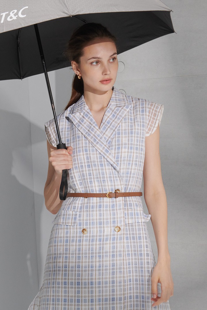 SST&C #Online Exclusive  Women'S Light Khaki Check Pattern Suit Collar Cardigan Long Dress | 8562205001  (Outlet)_3