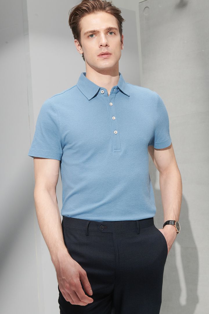 SST&C Azure Blue Cotton and Linen Polo Shirt | 1012204008  (Outlet)_4