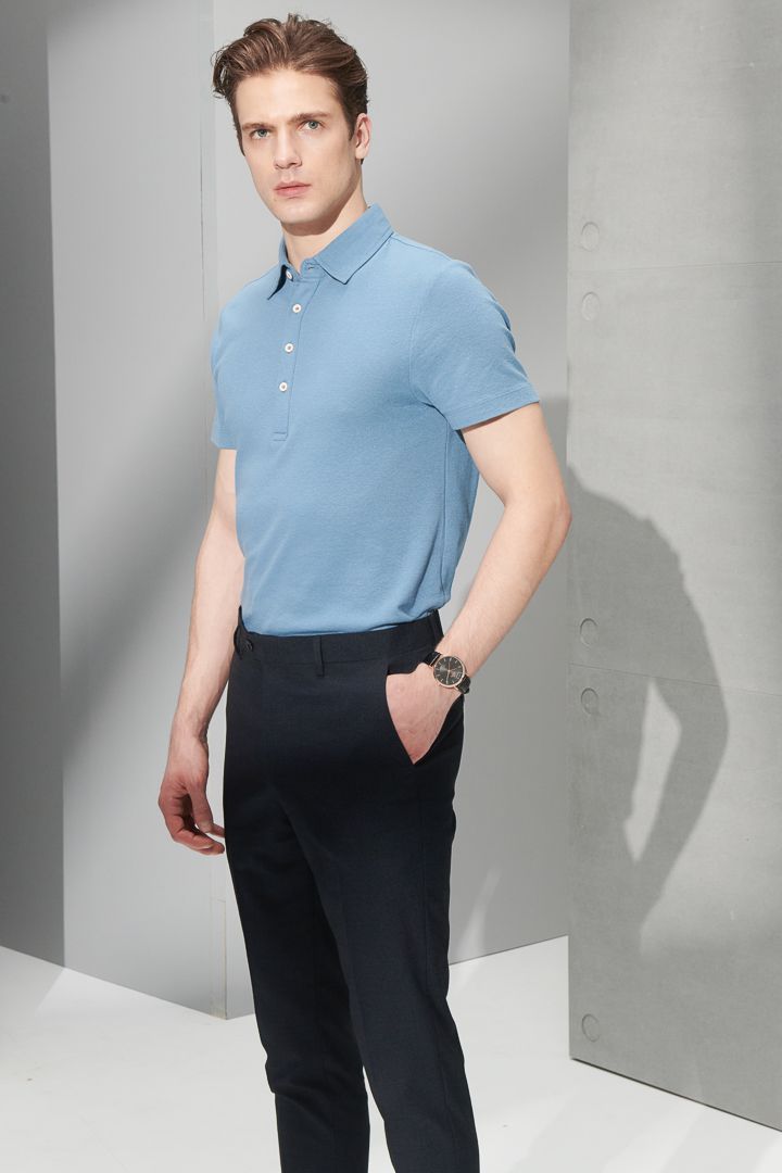 SST&C Azure Blue Cotton and Linen Polo Shirt | 1012204008  (Outlet)_5