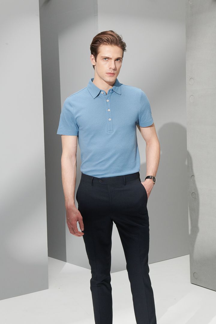 SST&C Azure Blue Cotton and Linen Polo Shirt | 1012204008  (Outlet)_6