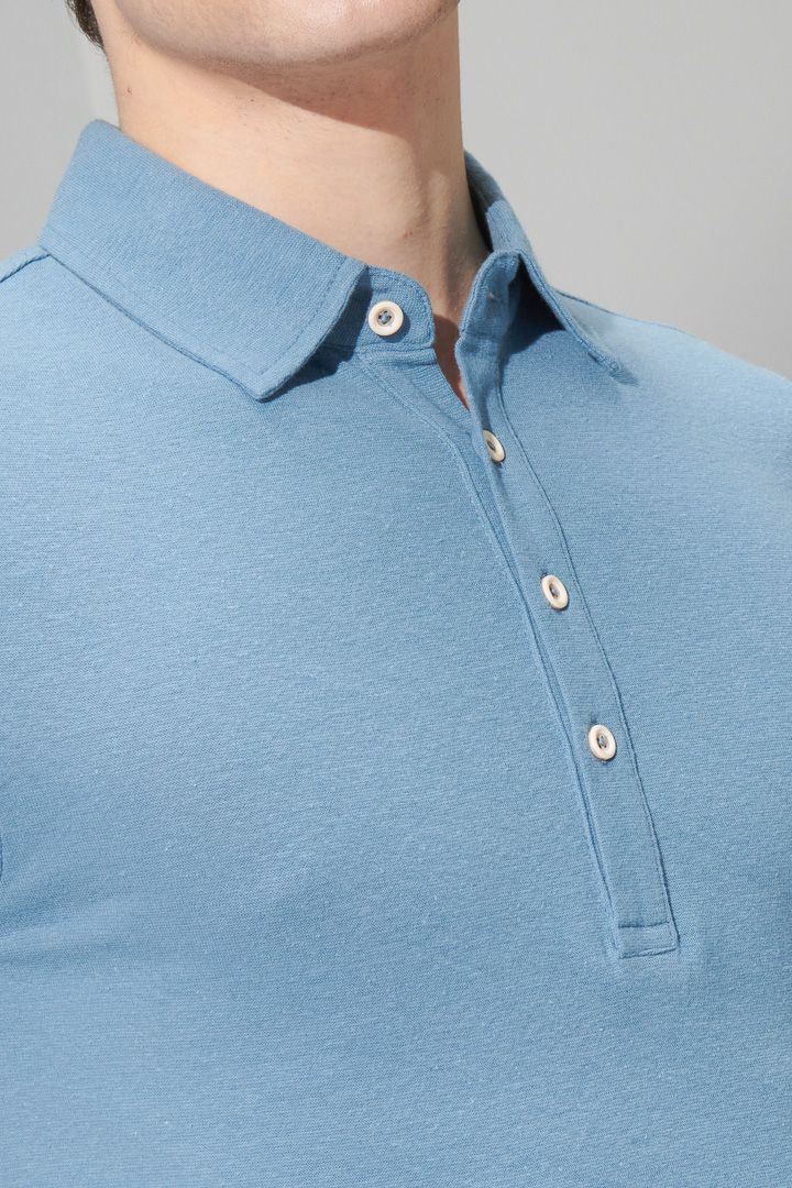 SST&C Azure Blue Cotton and Linen Polo Shirt | 1012204008  (Outlet)_8