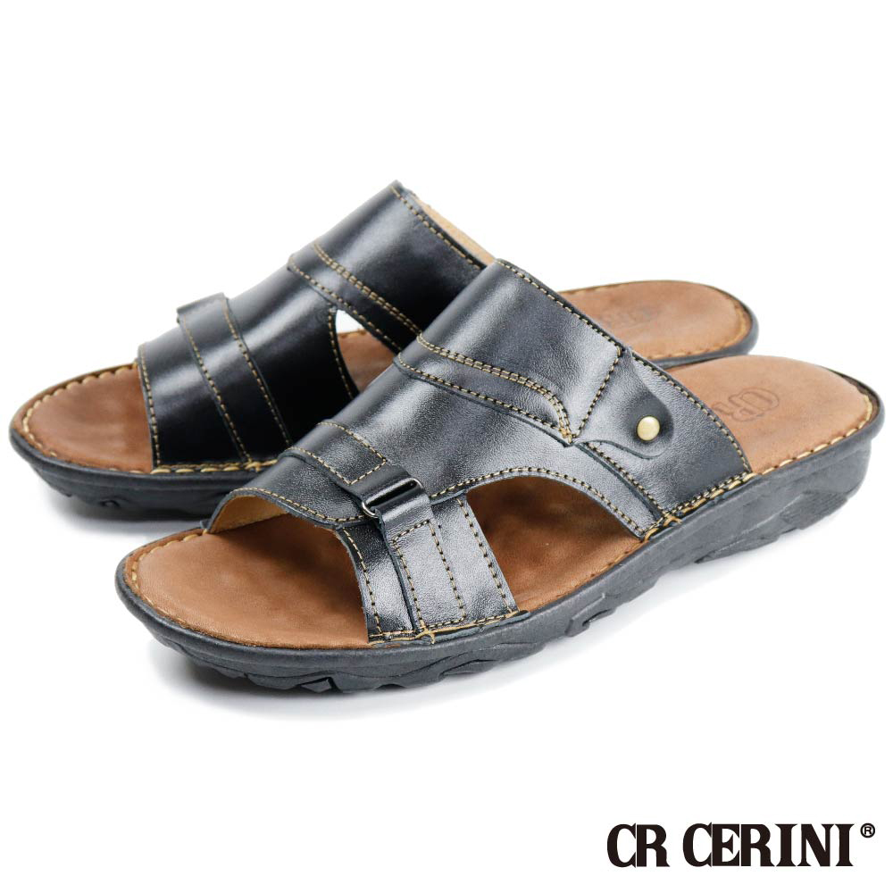 【CR CERINI】手工真皮舒適休閒拖鞋 黑色(31621-BL)