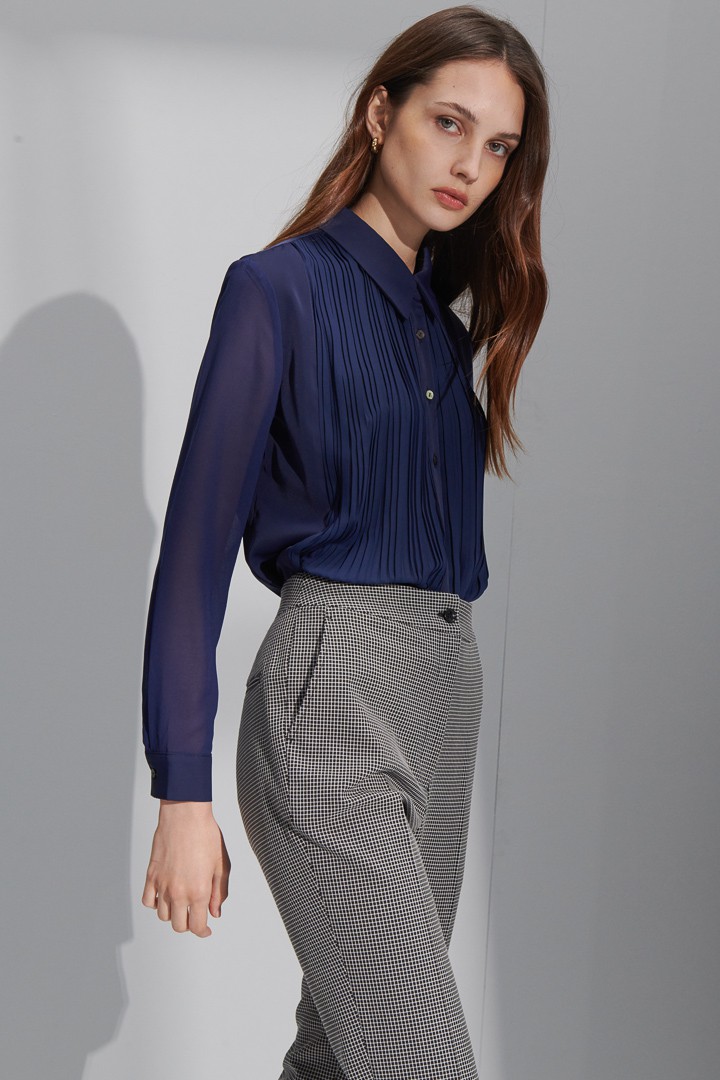 SST&C Women'S Dark Blue Pinple Pleated Patchwork Top | 7662206006  (Outlet)_0