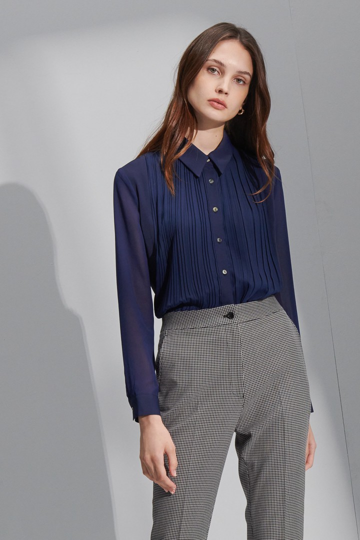 SST&C Women'S Dark Blue Pinple Pleated Patchwork Top | 7662206006  (Outlet)_1