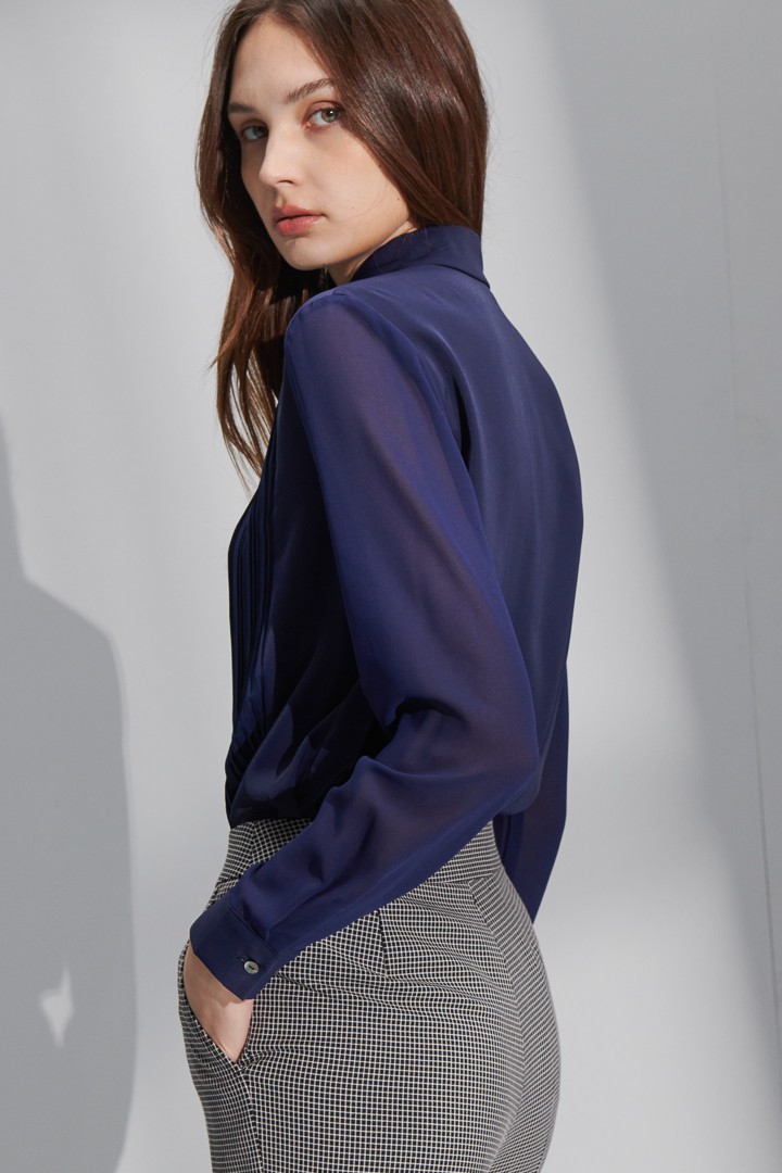 SST&C Women'S Dark Blue Pinple Pleated Patchwork Top | 7662206006  (Outlet)_7