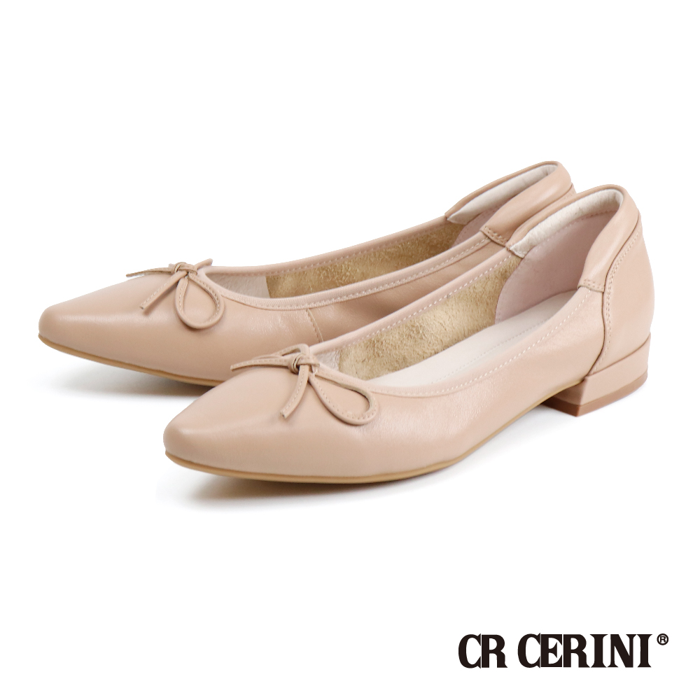 【CR CERINI】蝴蝶結皮繩配飾淑女低跟鞋 米色(CR1206W-BE)