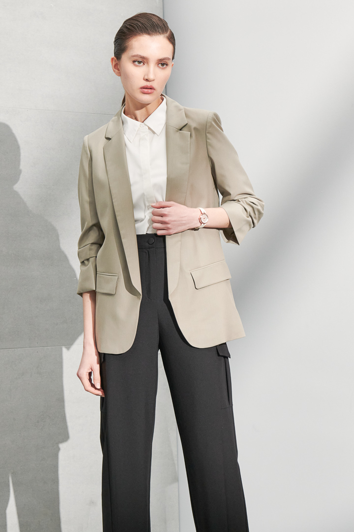 SST&C #Online Exclusive  Olive Green Three-Quarter Sleeve Wrinkled Jacket | 8162205005  (Outlet)_0