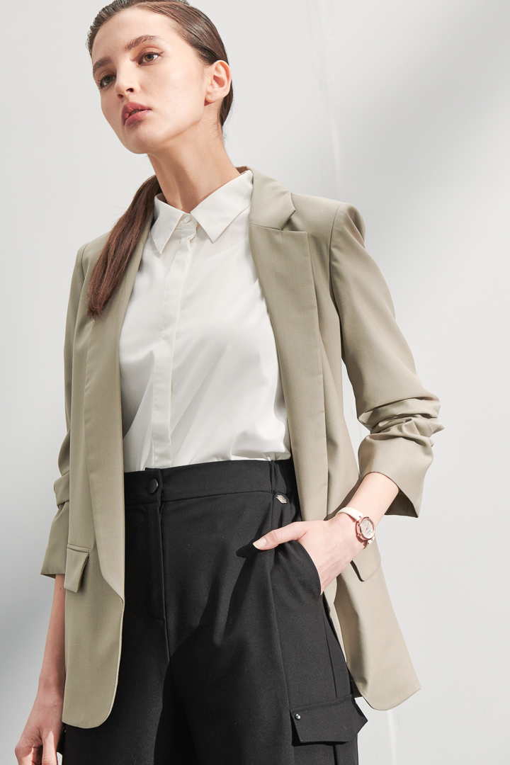SST&C #Online Exclusive  Olive Green Three-Quarter Sleeve Wrinkled Jacket | 8162205005  (Outlet)_1