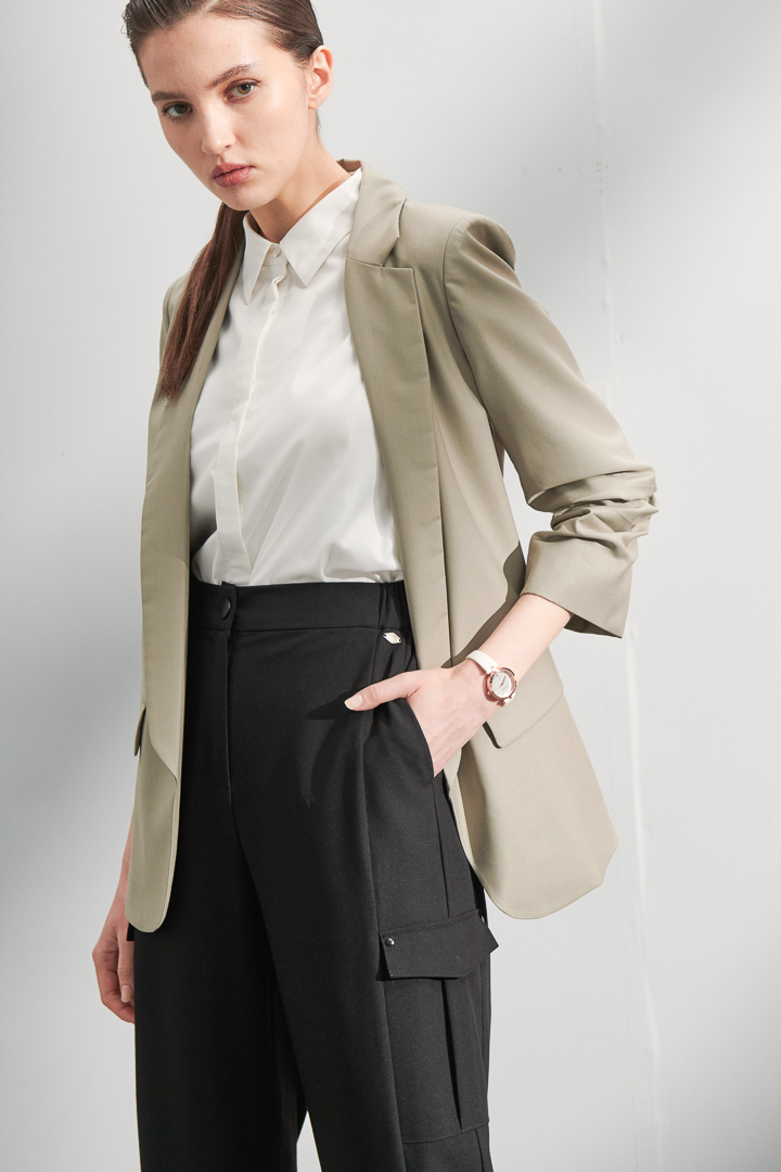 SST&C #Online Exclusive  Olive Green Three-Quarter Sleeve Wrinkled Jacket | 8162205005  (Outlet)_2