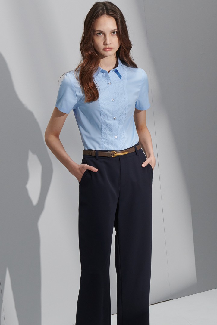 SST&C Women'S Sky Blue Jacquard Patchwork Short-Sleeved Shirt | 7562206005  (Outlet)_1