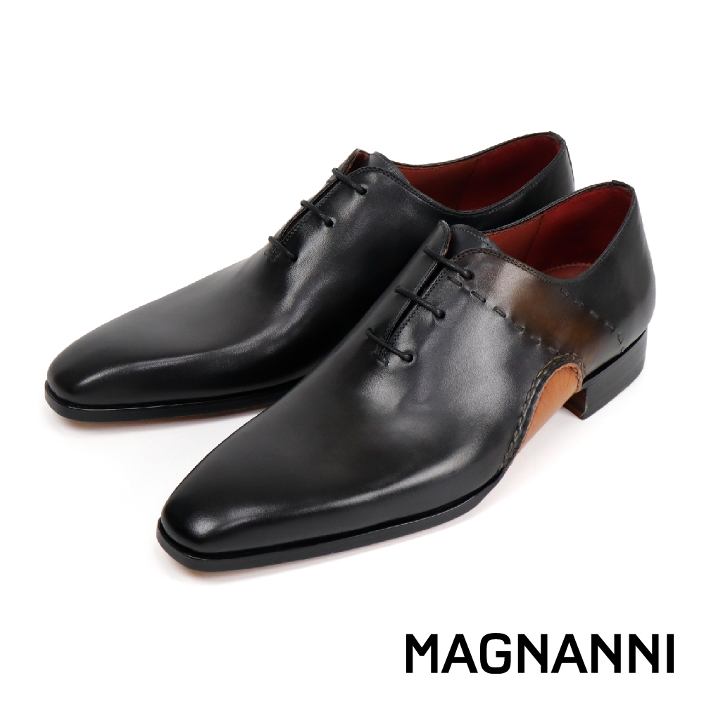 【MAGNANNI】西班牙手染雙縫線牛津鞋 黑棕色(21975-DGY)