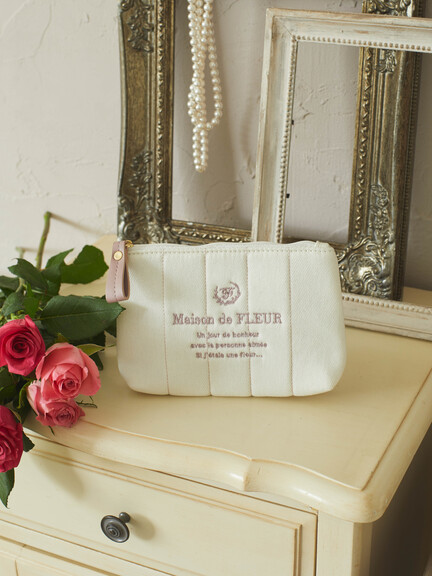 牛仔系列條紋刺繡方形白色手拿包(8A22FJJ2900) - Maison de FLEUR