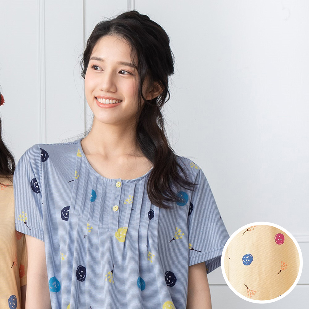華歌爾睡衣-Pretty Amy系列 M-L純棉針織印花短袖半開襟五分褲裝(蜜橙黃) LWY95621YK