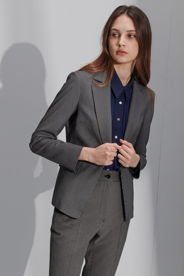 SST&C Women'S Dark Gray Small Check Pattern Square Collar Suit Jacket | 7162207002  (Outlet)_0