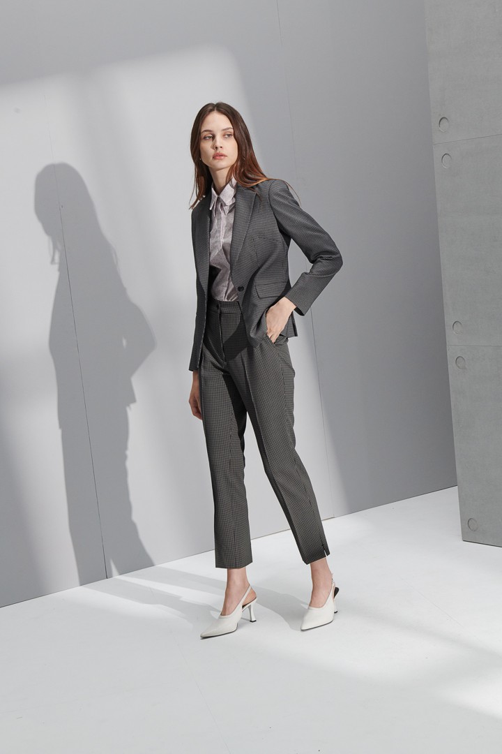 SST&C Women'S Dark Gray Small Check Pattern Square Collar Suit Jacket | 7162207002  (Outlet)_4